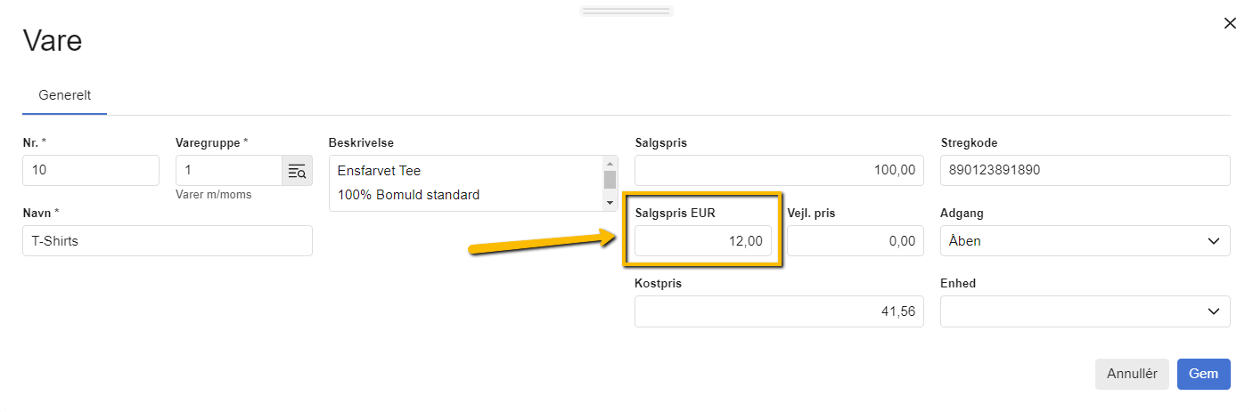 Viser feltet 'Salgspris EUR' på varekortet – bruges til at angive salgsprisen for en vare i en udenlandsk valuta.