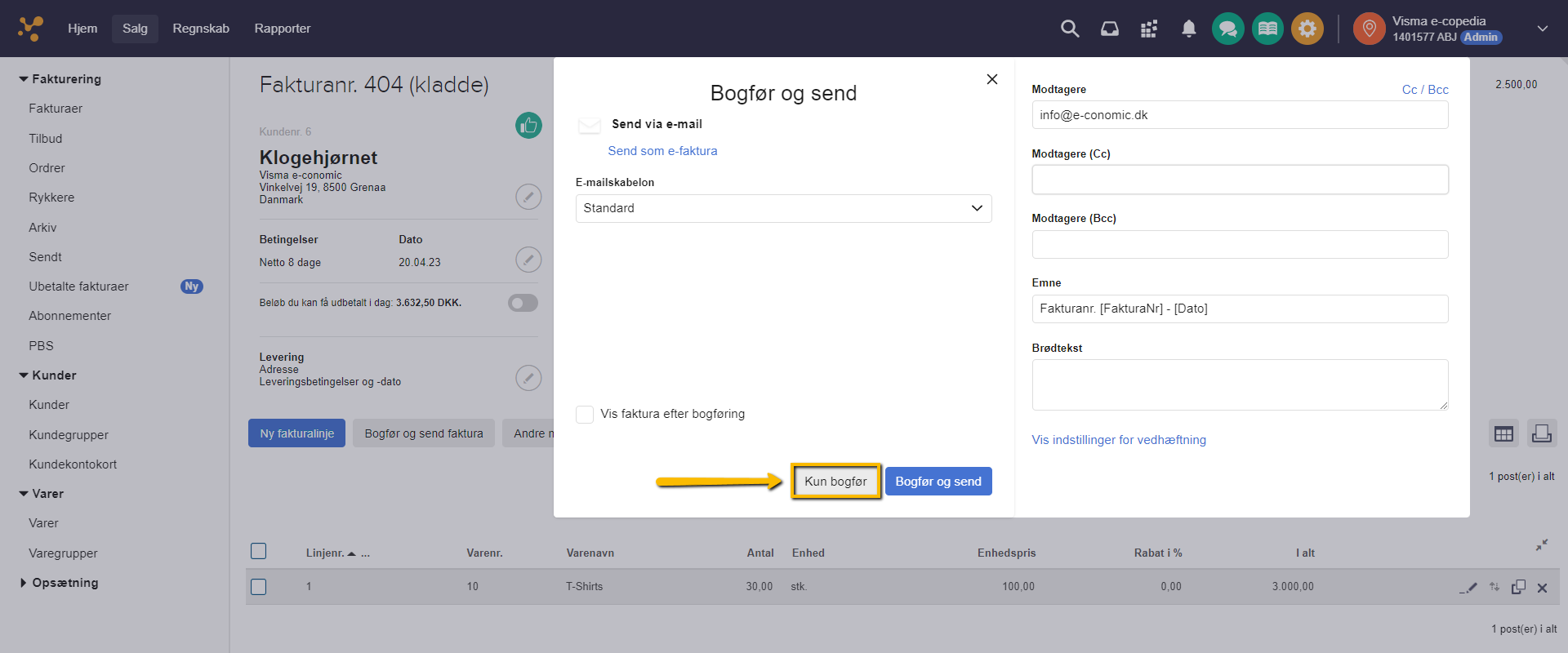 Viser knappen 'Kun bogfør' i dialogboksen 'Bogfør og send' – bruges til at bogføre fakturaen uden at sende den.