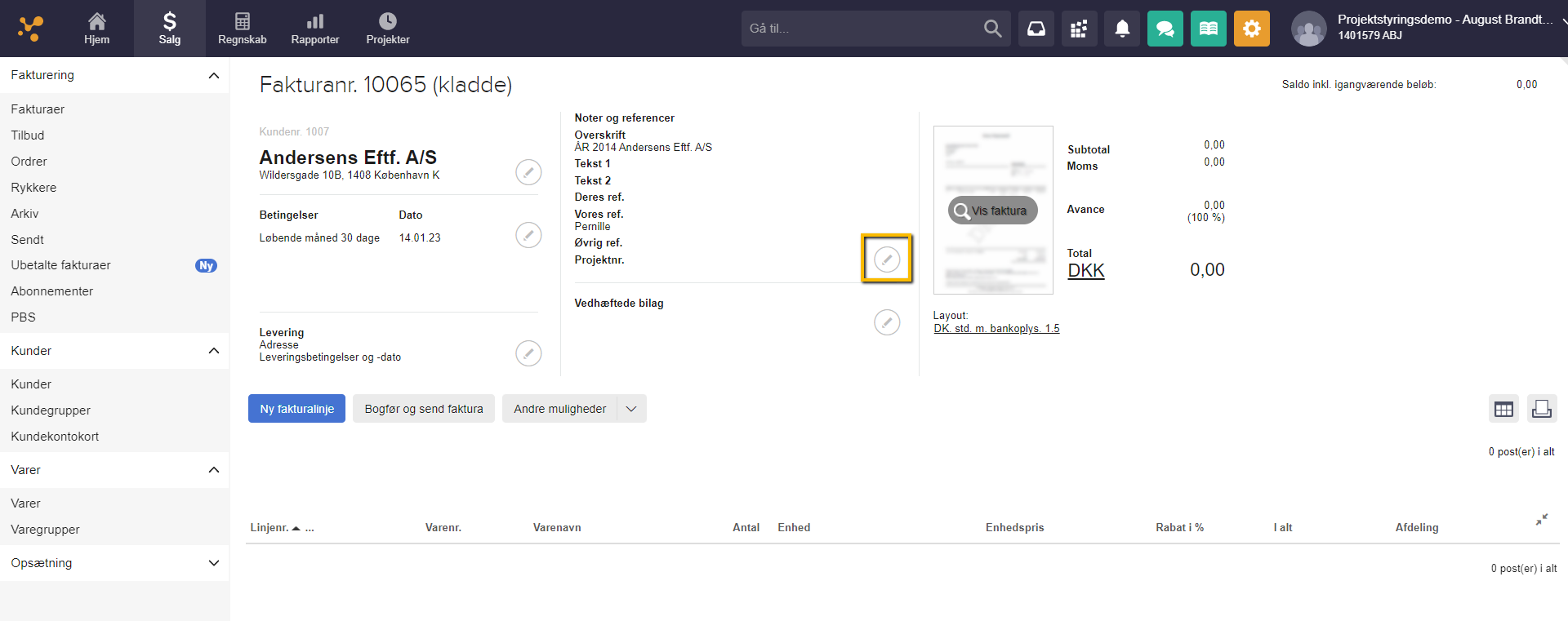 Viser rediger-ikonet for Noter og referencer i en fakturakladde – bruges til at tilknytte et projekt til fakturaen.