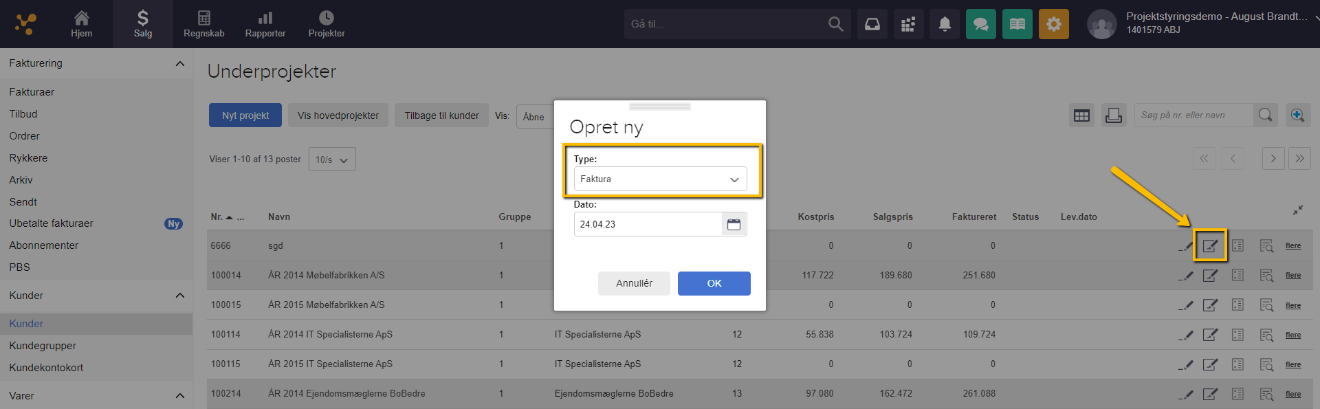 Viser knappen 'Nyt tilbud/ordre/faktura' i projektoversigten – bruges til at oprette en faktura for et projekt.
