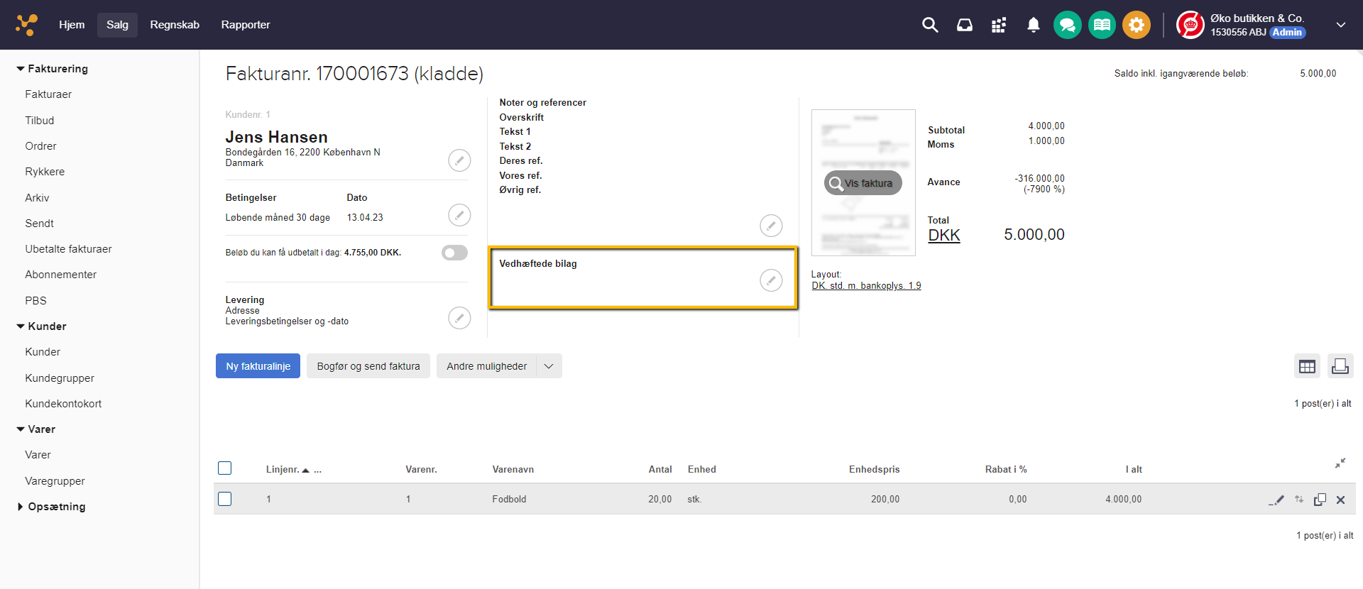 Viser feltet 'Vedhæftede bilag' i en fakturakladde – bruges til at åbne for vedhæftning af bilag fra Inboxen.