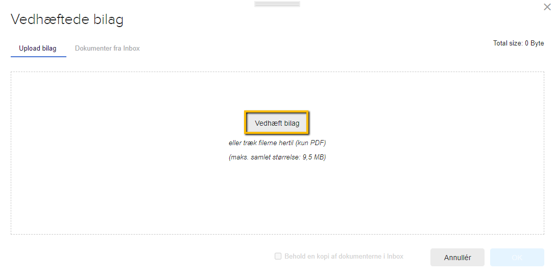 Viser knappen 'Vedhæft bilag' i pop-op-vinduet 'Vedhæftede bilag' – bruges til at uploade et bilag fra computeren til en faktura.