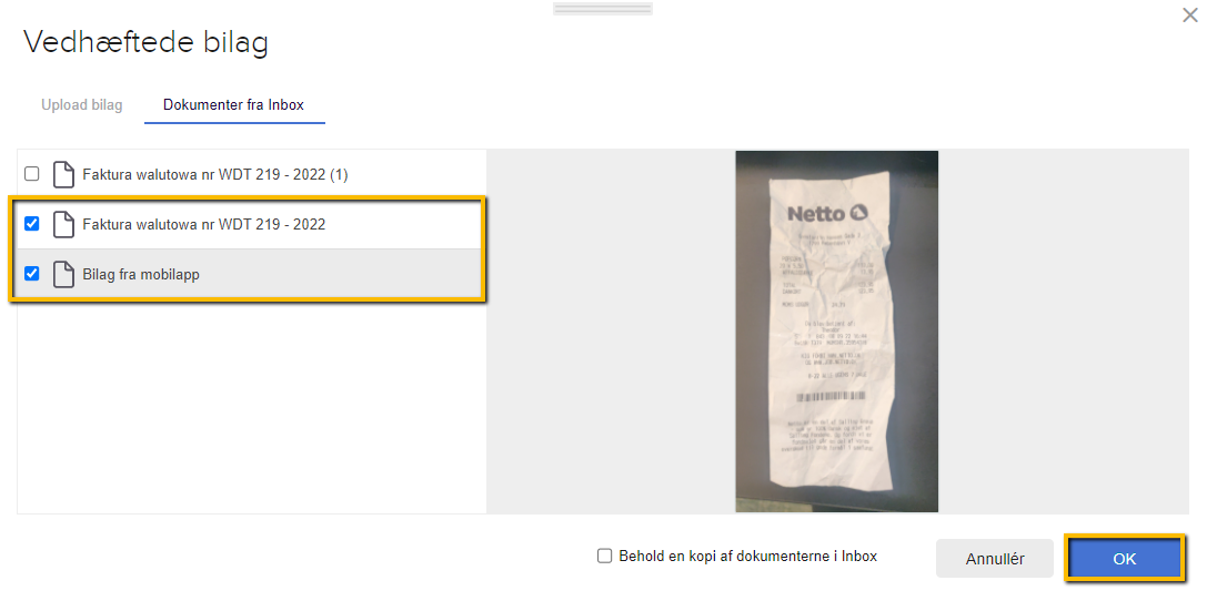 Viser valg af bilag i fanen 'Dokumenter fra Inbox' – bruges til at vedhæfte dem til en faktura.