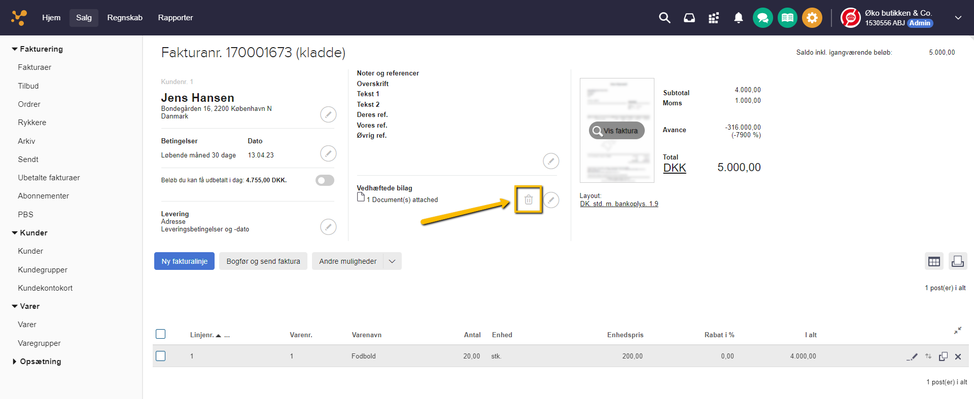 Viser skraldespandsikonet i fakturakladden – bruges til at slette alle vedhæftede bilag.