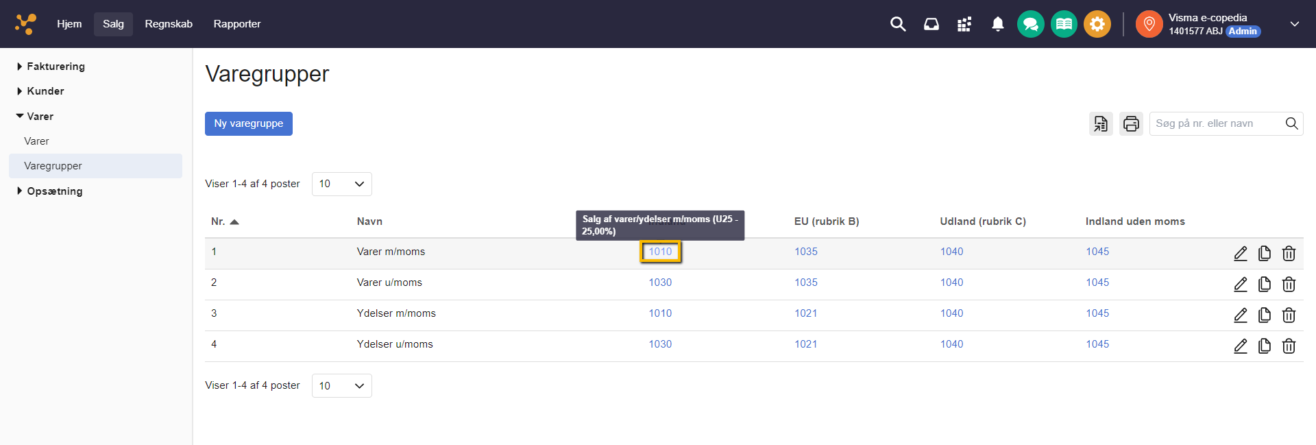 Viser et tooltip med en finanskontos navn i varegruppeoversigten – bruges til at kontrollere hvilken konto, der er knyttet til en momszone.