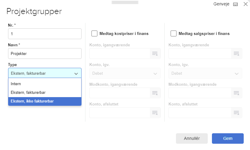 Viser indstillinger for en projektgruppe i Projektstyring – bruges til at angive, om projekter i gruppen er fakturerbare.
