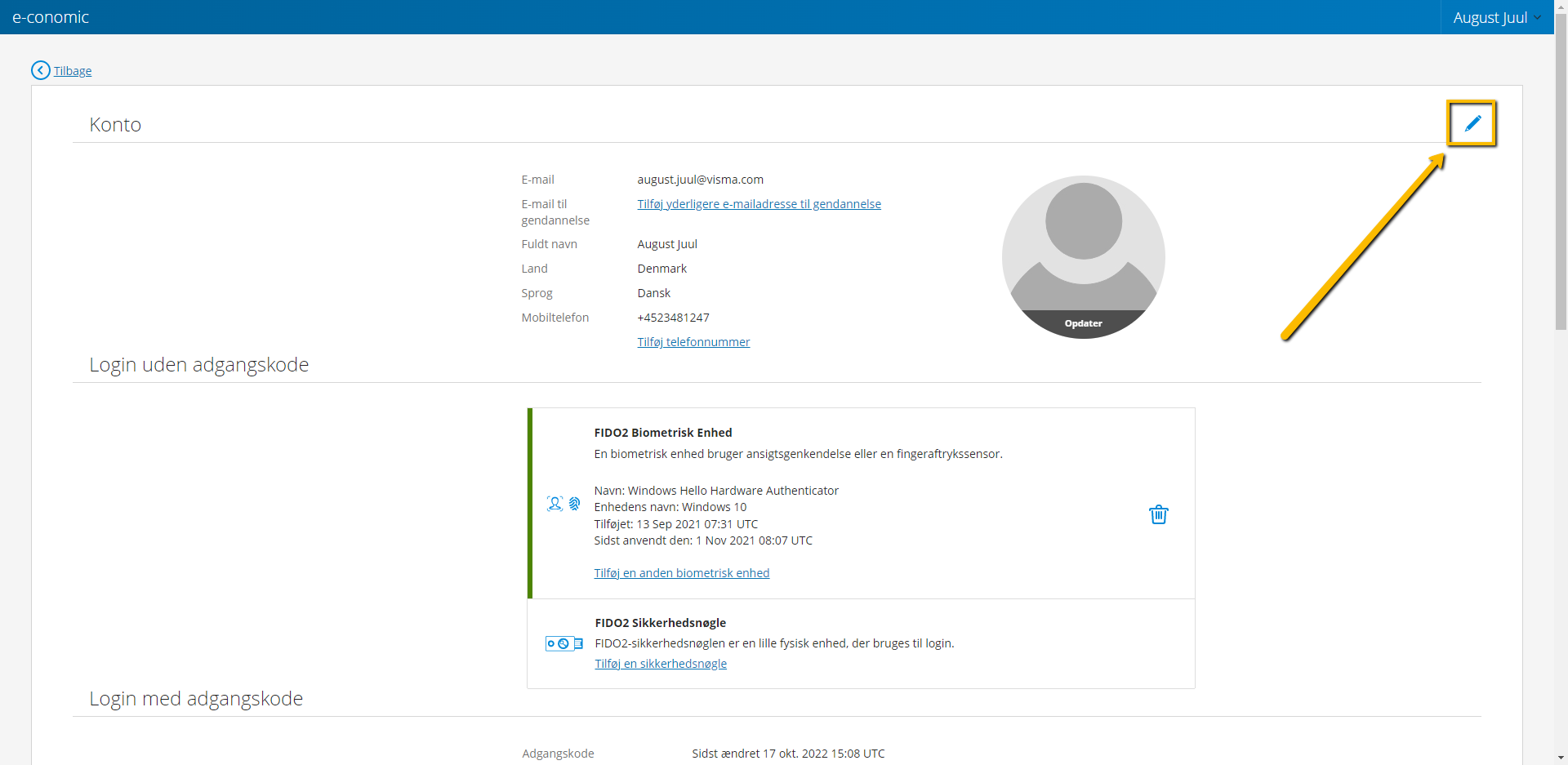 Viser Rediger-blyantikonet i Visma Connect – bruges til at redigere kontooplysninger, herunder sprog.