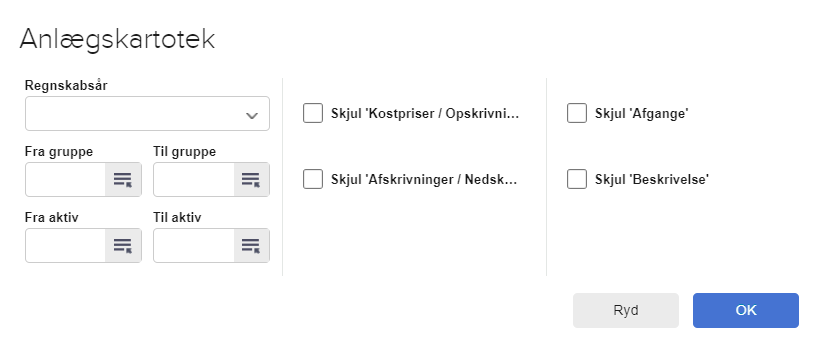 Viser filter- og visningsindstillinger i Anlægskartoteket – bruges til at tilpasse hvilke kolonner, der skal vises i oversigten.