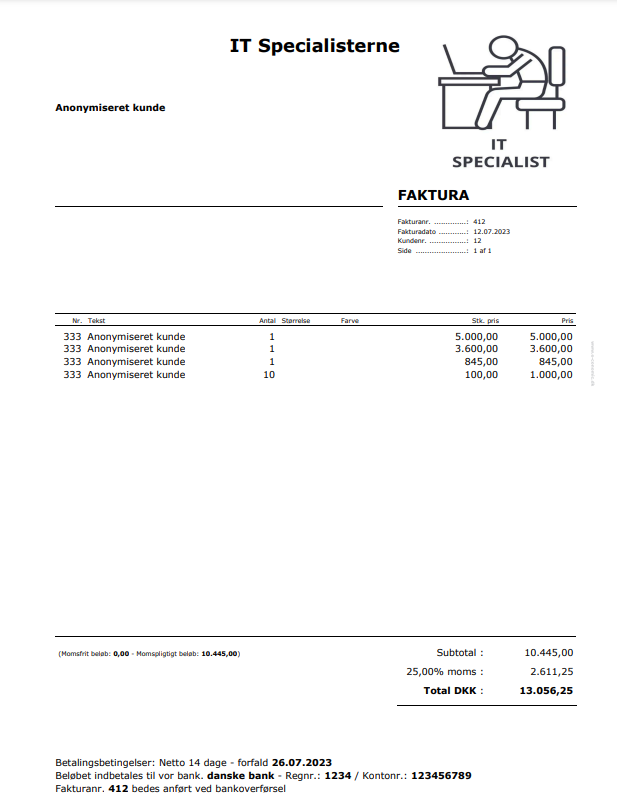 Viser en salgsfaktura for en anonymiseret kunde i e-conomic – bruges til at vise, hvordan personoplysninger ser ud på en faktura efter anonymisering.