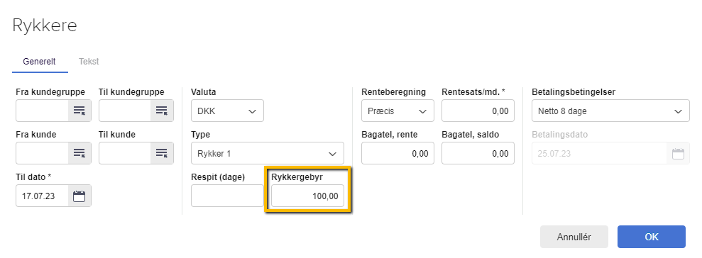 Viser feltet 'Rykkergebyr' i rykkermodulet – bruges til at definere det gebyr, der pålægges en rykker.