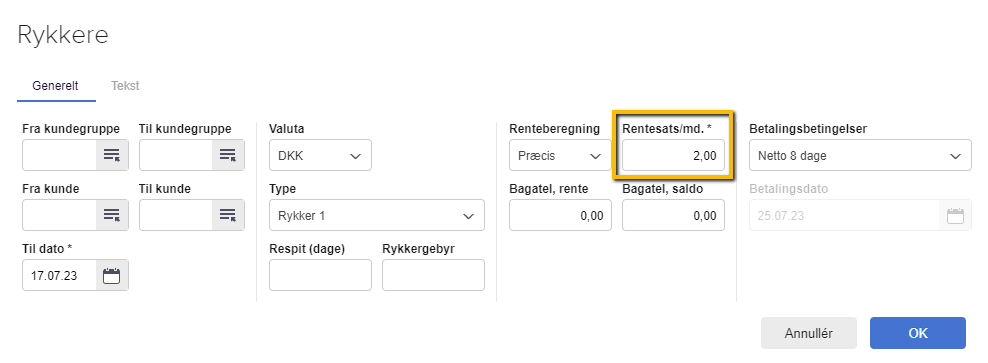 Viser feltet 'Rentesats/md.' i dialogboksen 'Rykkere' – bruges til at angive den månedlige rentesats for en rykker.