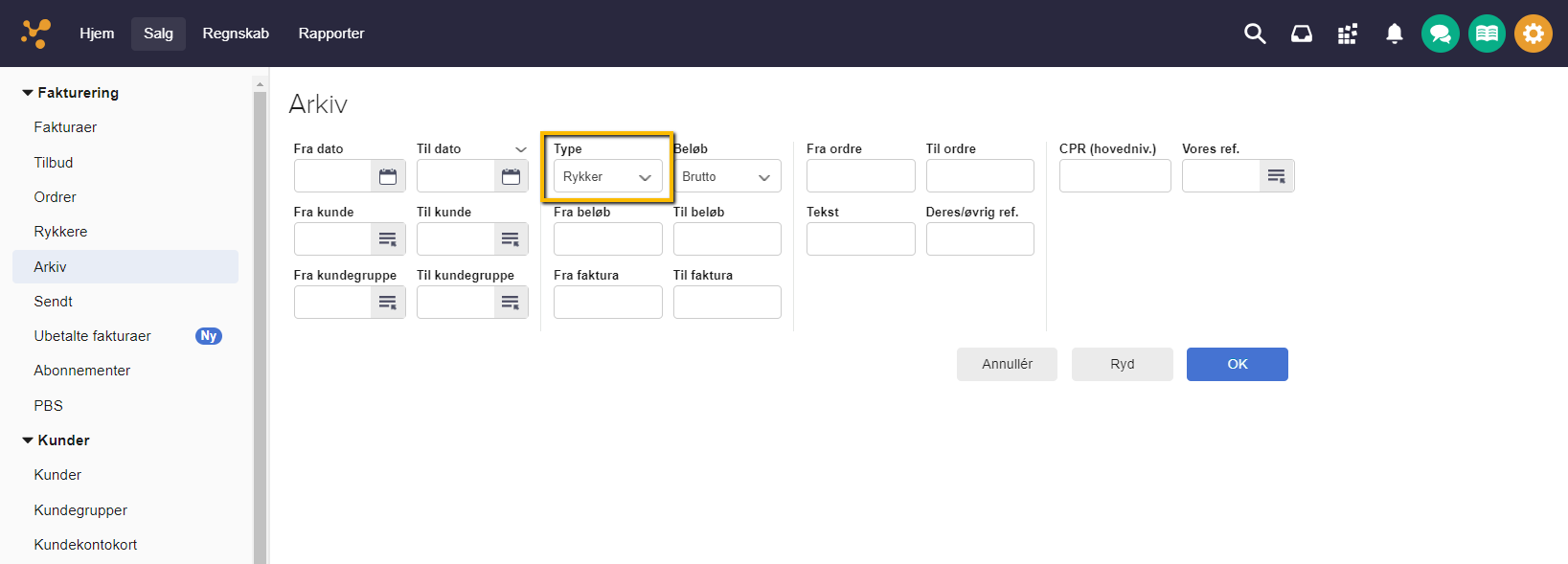 Viser valg af 'Rykker' i dropdown-menuen 'Type' i Arkiv under Salg – bruges til at søge efter bogførte rykkere.