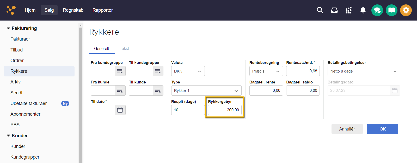 Viser feltet "Rykkergebyr" i oprettelse af en rykker – bruges til at opkræve et kompensationsgebyr.