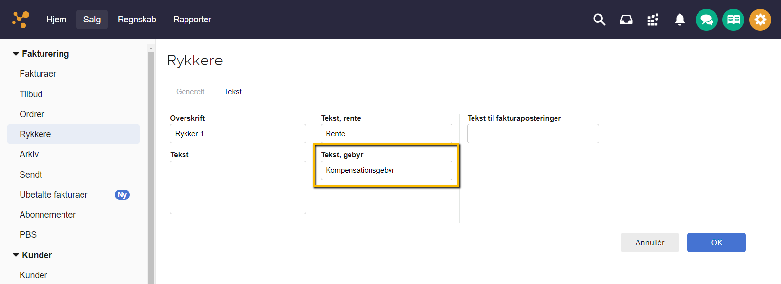 Viser feltet 'Tekst, gebyr' i rykkeropsætningen – bruges til at specificere teksten for et kompensationsgebyr på en rykker.
