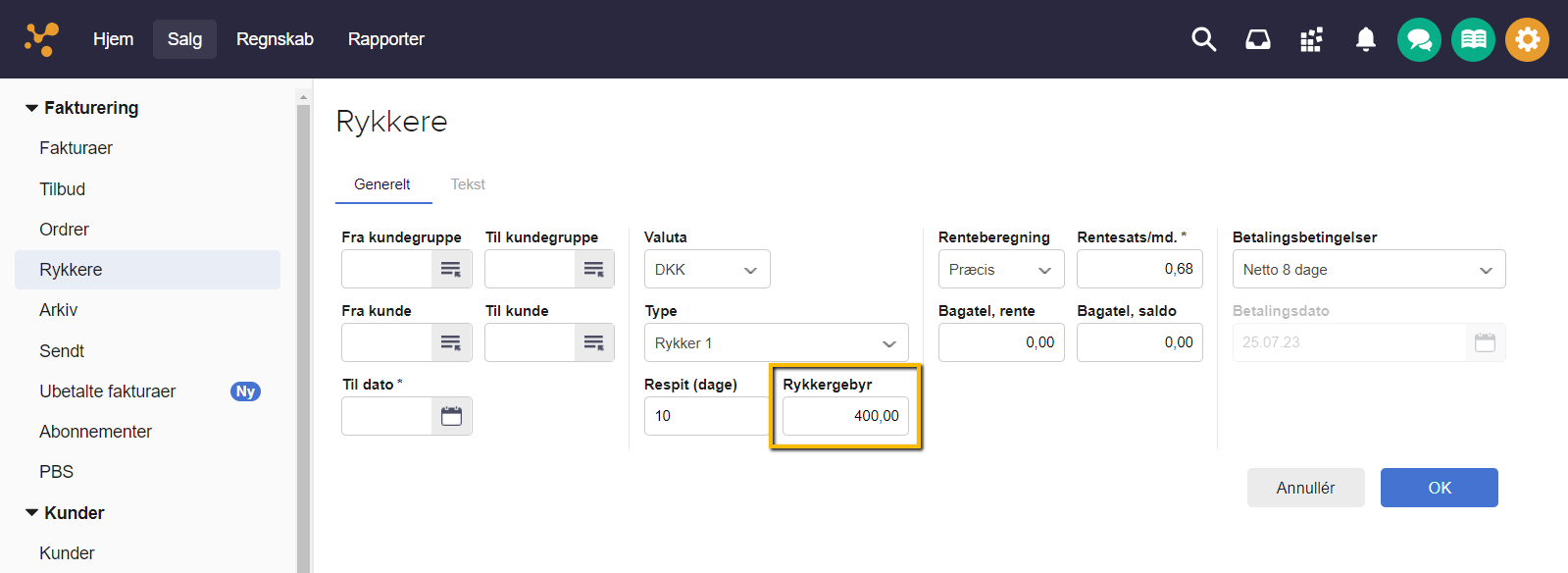 Viser feltet 'Rykkergebyr' i rykkermodulet – bruges til at indtaste det samlede beløb for rykker- og kompensationsgebyr.