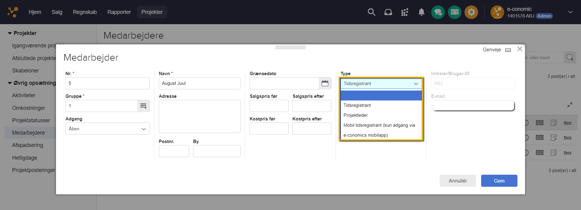 Viser dropdown-menuen 'Type' i medarbejderopsætningen i Projektmodulet – bruges til at ændre en medarbejders type.