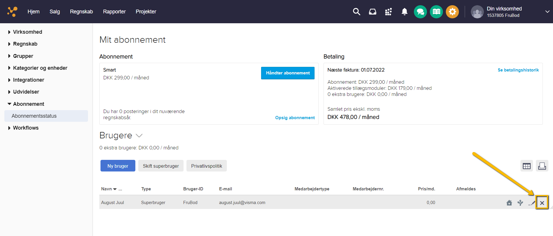 Viser Afmeld-ikonet i Abonnementsstatus – bruges til at opsige en bruger