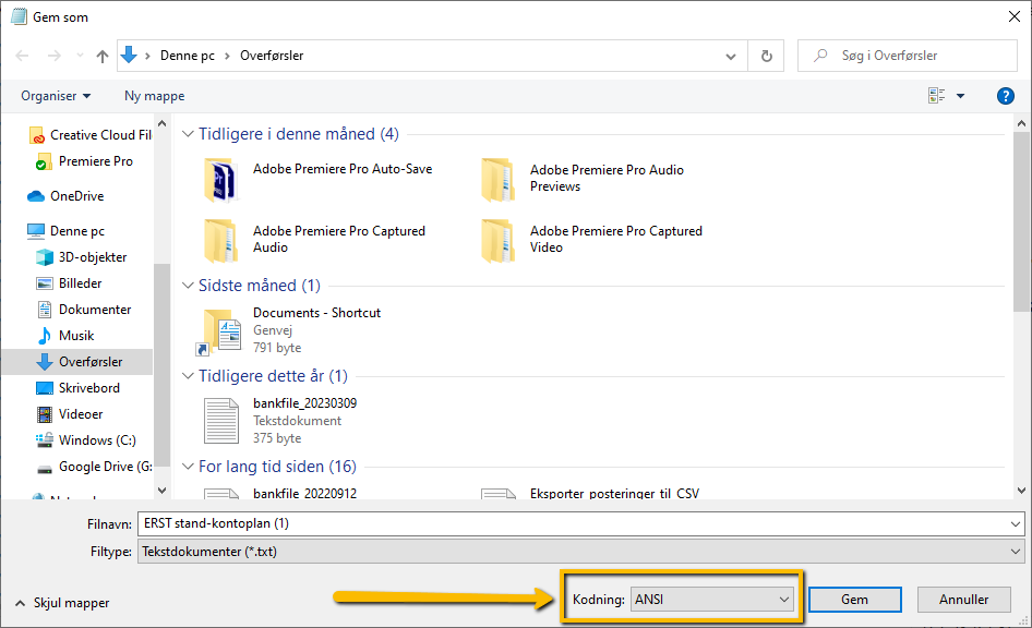 Viser valg af ANSI-kodning i dialogboksen 'Gem som' – bruges til at sikre korrekt import af en kontoplan til e-conomic.