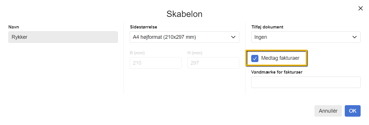 Viser fluebenet i 'Medtag fakturaer' i skabelonindstillingerne – bruges til at vedhæfte den oprindelige faktura, når der sendes en rykker.