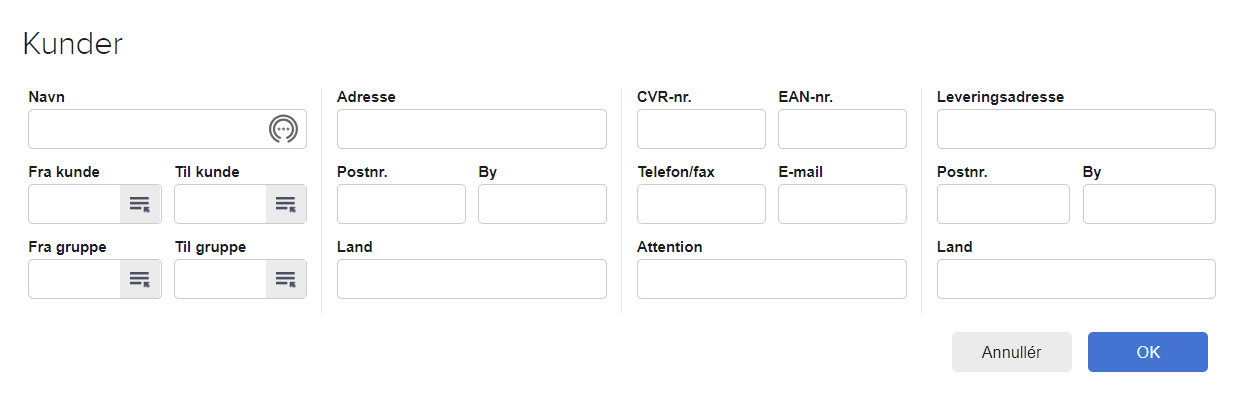 Viser avanceret søgning i kundekartoteket – bruges til at filtrere kunder baseret på specifikke oplysninger som adresse, CVR- eller EAN-nummer.