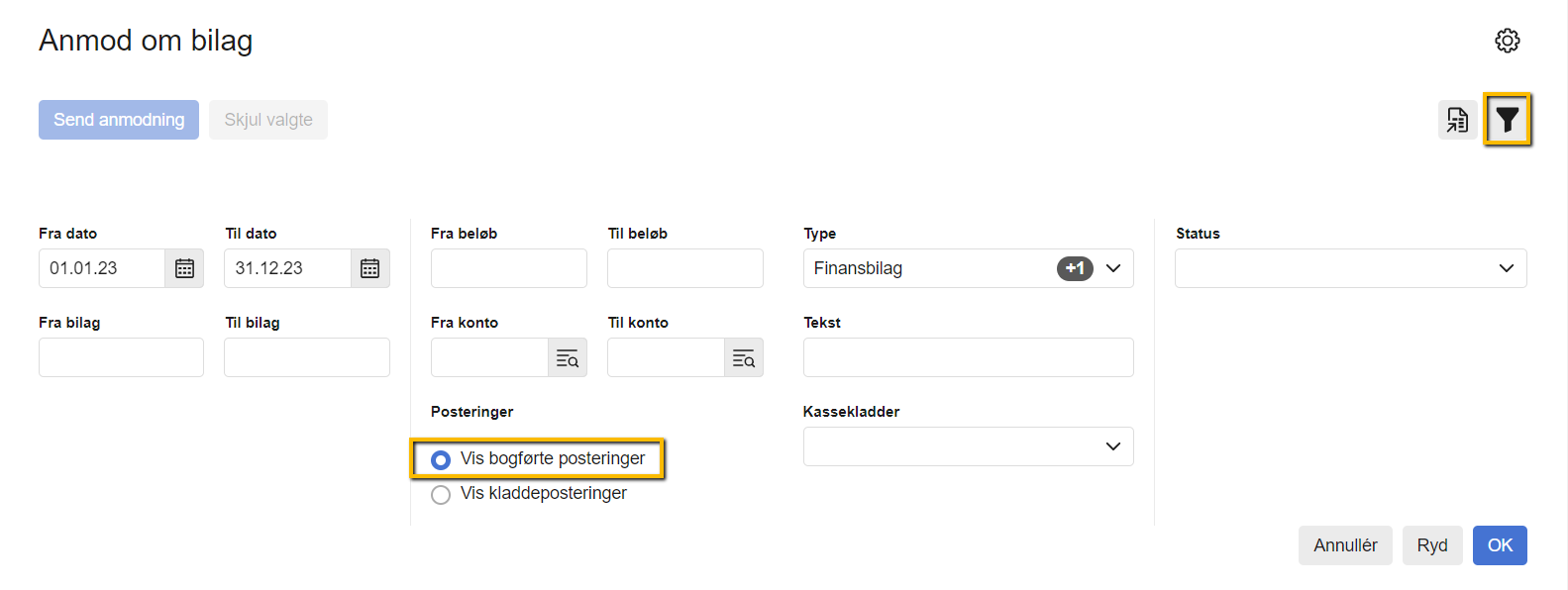 Viser filtermulighederne for bilagsanmodning i Regnskab – bruges til at finde bogførte posteringer, man kan anmode om bilag til.