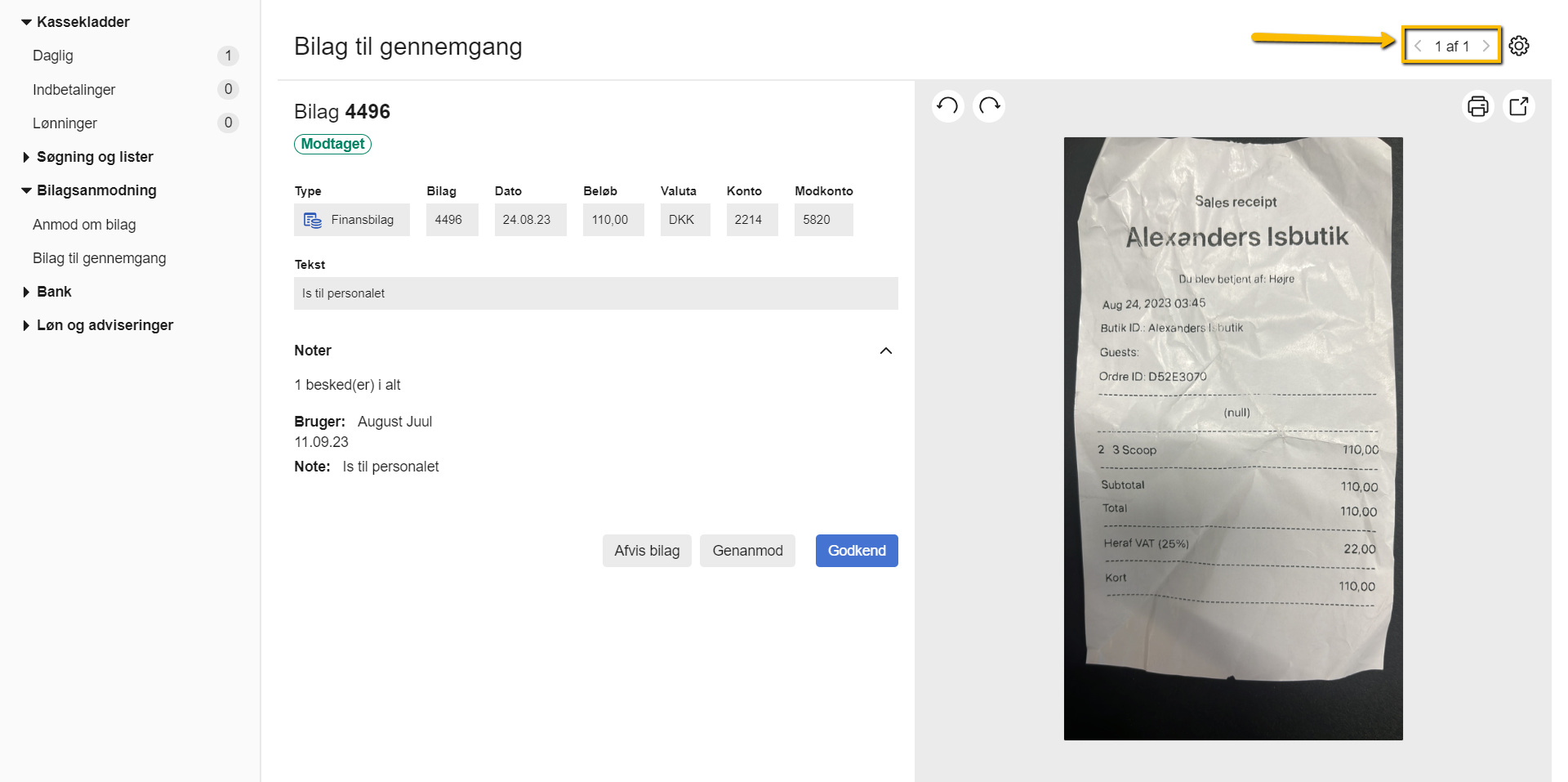 Viser gennemgang af et indsendt bilag i Bilagsanmodning – bruges til at godkende eller afvise bilaget.