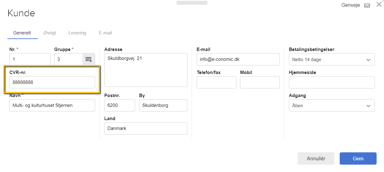 Viser CVR-nummer feltet i kundekartoteket – bruges til at hente kundens oplysninger automatisk fra CVR-registeret.