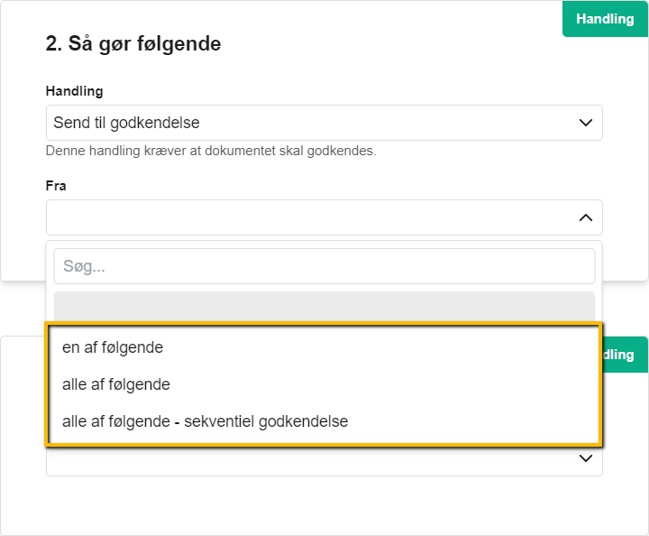 Viser dropdown-menuen med betingelser for godkendelse i Bilags Workflows – bruges til at vælge, om én, alle eller alle godkendere i en sekvens skal godkende et bilag.