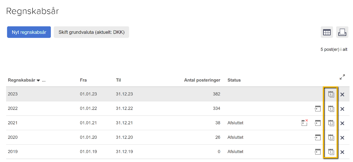 Viser Perioder-ikonet i oversigten over regnskabsår – bruges til at åbne perioderne for et regnskabsår, så de kan spærres eller åbnes.