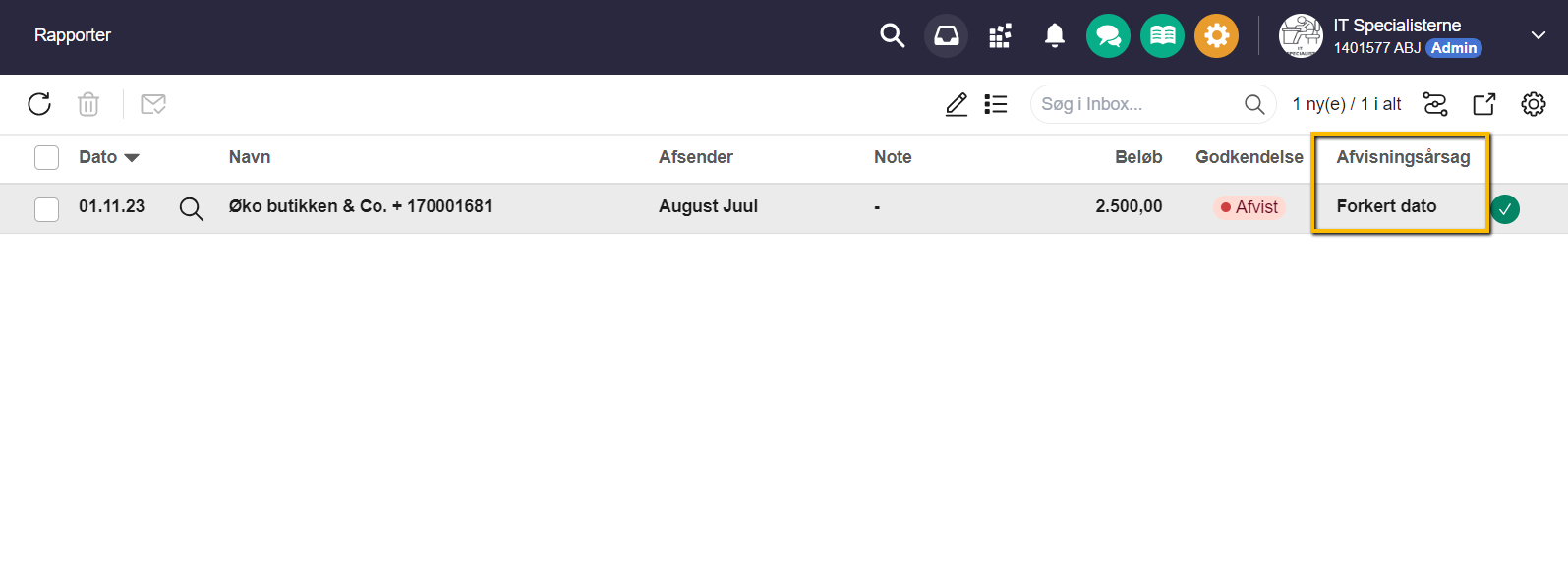 Viser afvisningsårsagen for et bilag i Bilags Workflow – bruges til at se, hvorfor bilaget er blevet afvist.