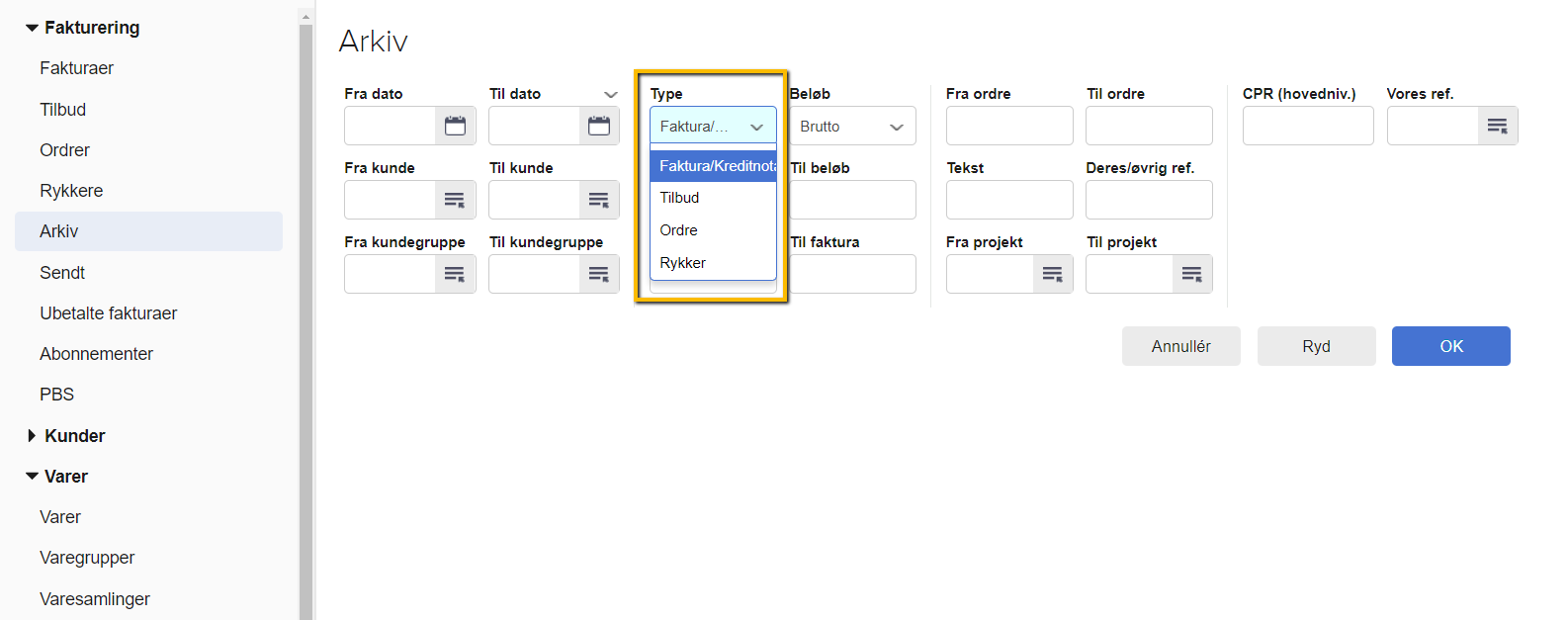 Viser valg af typen 'Faktura/Kreditnota' i Arkiv – bruges til at afgrænse søgningen til fakturaer og kreditnotaer.