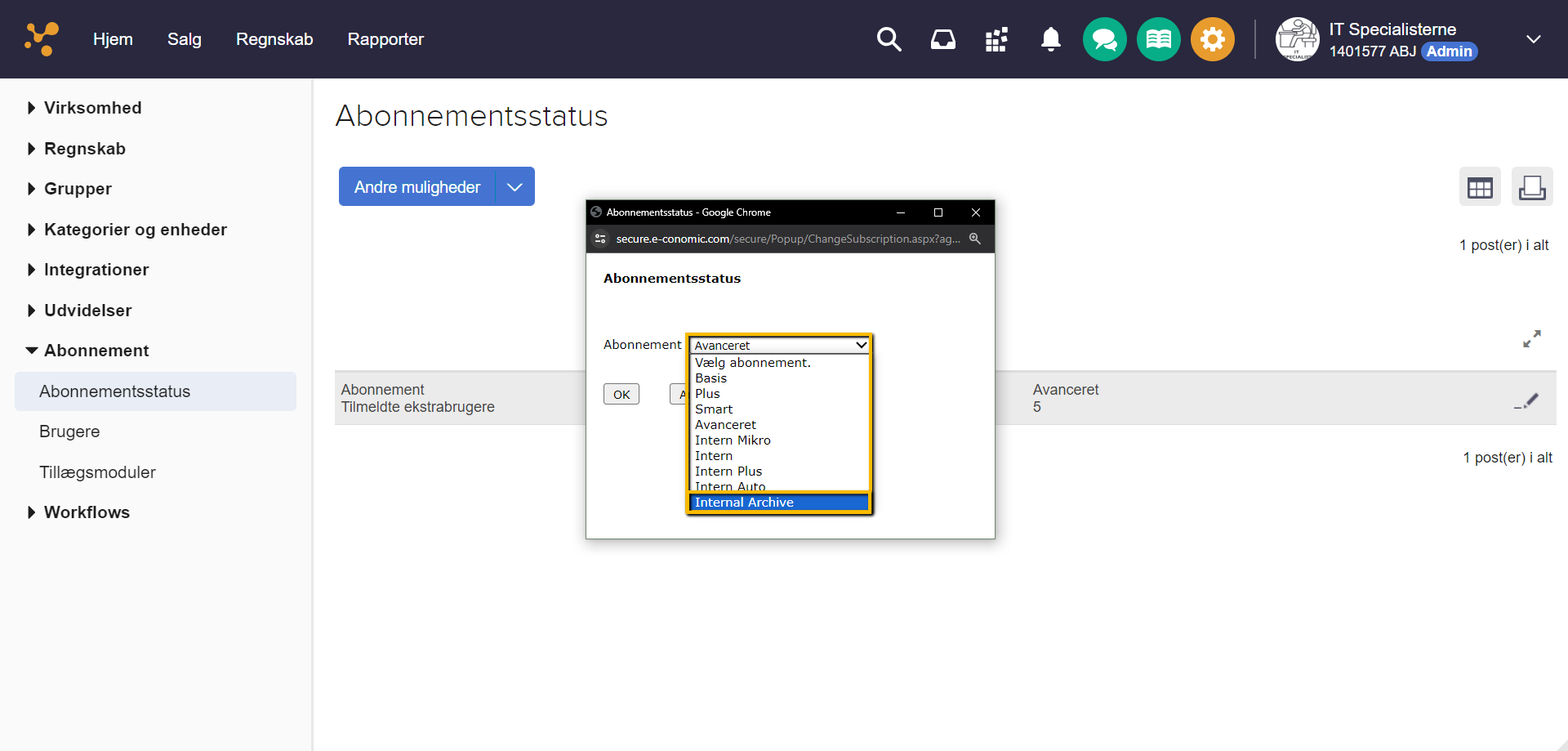 Viser rullefeltet “Abonnement” i modulet Abonnement – bruges til at ændre kundens abonnementsplan til fx “Internal Archive”.