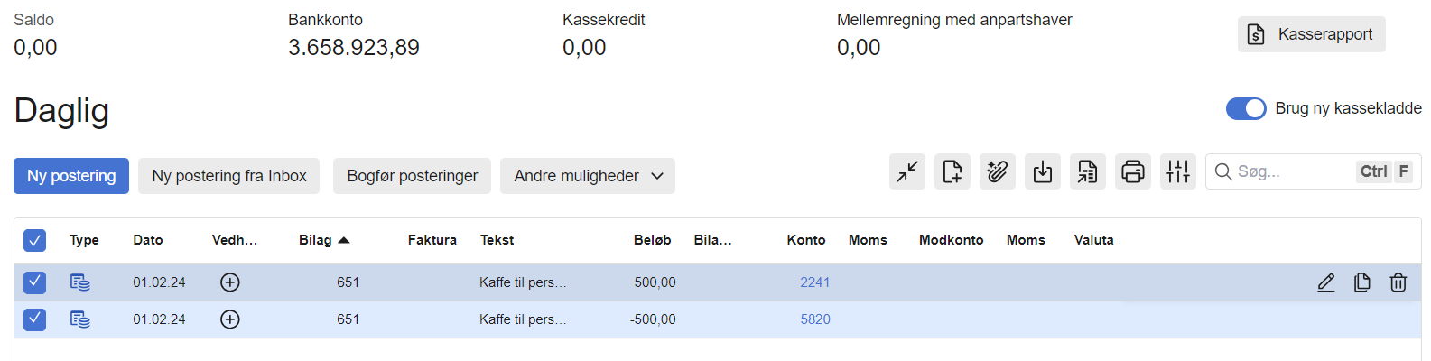 Viser en kopieret postering i kassekladden – bruges til at redigere og bogføre den.
