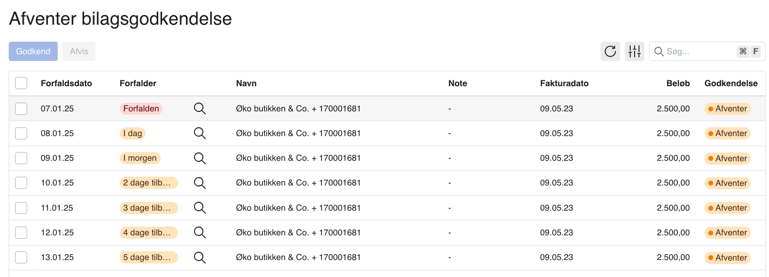 Viser mærkater for forfaldsdato i oversigten 'Afventer bilagsgodkendelse' – bruges til at give et hurtigt overblik over, hvilke bilag der bør prioriteres.