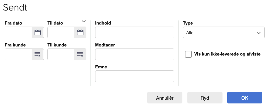 Viser søgekriterierne i oversigten over sendte fakturaer – bruges til at finde specifikke fakturaer.