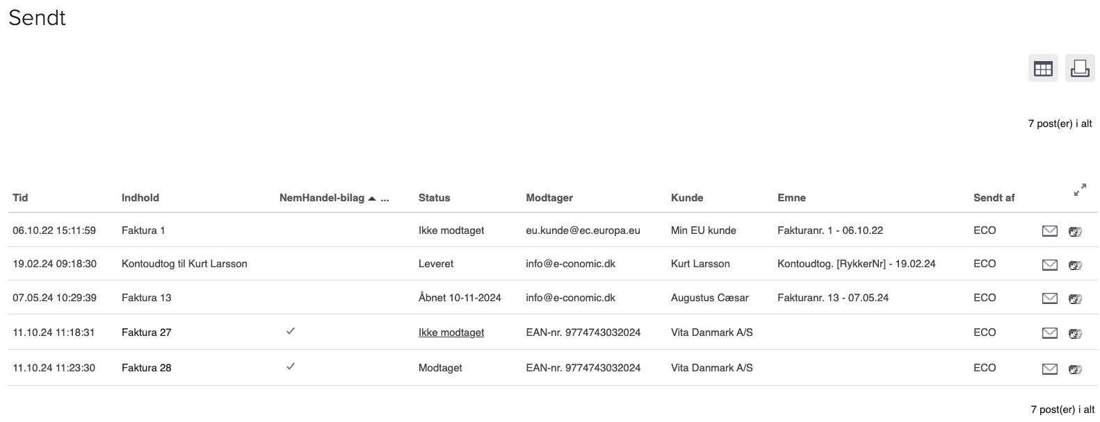 Viser listen over sendte fakturaer i oversigten 'Sendt' – bruges til at se deres leveringsstatus.