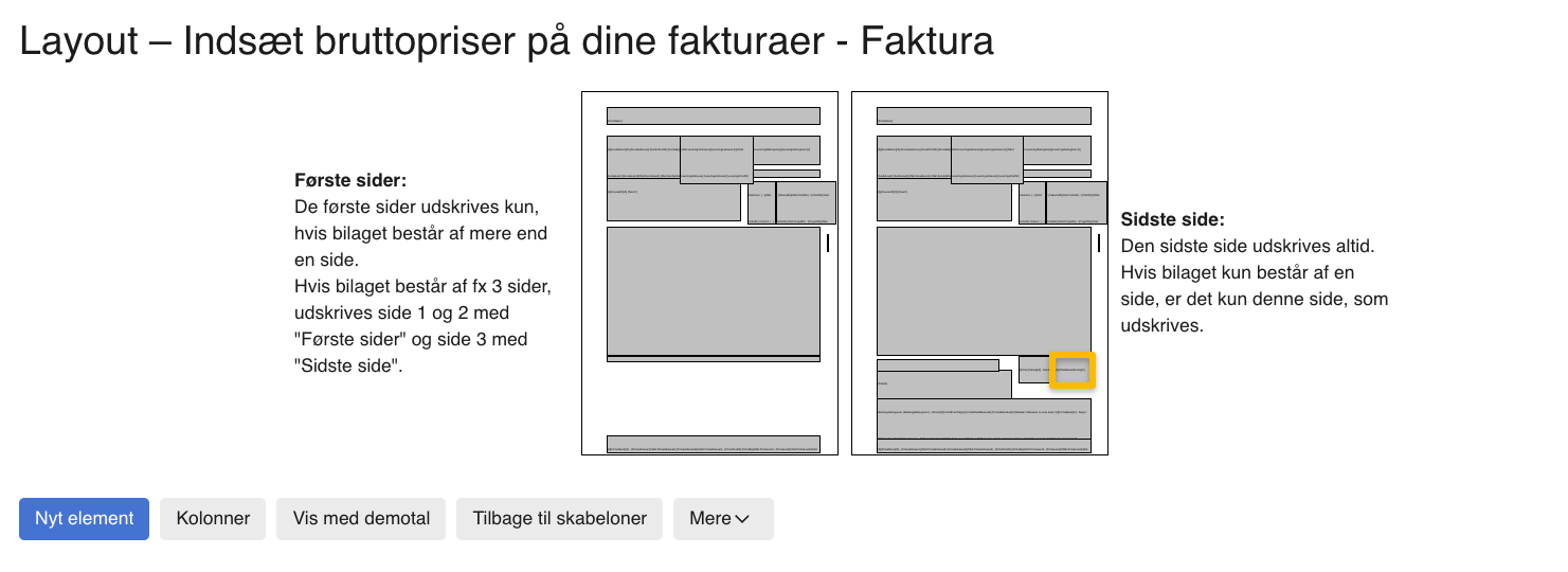 Viser et markeret element på 'Sidste side' i skabelonopsætningen – bruges til at indsætte bruttoprisen på en faktura.