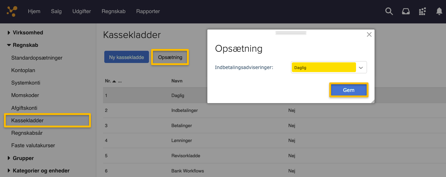 Viser opsætning af indbetalingsadviseringer i Kassekladder – bruges til at vælge standardkassekladde for indbetalinger fra Nets.
