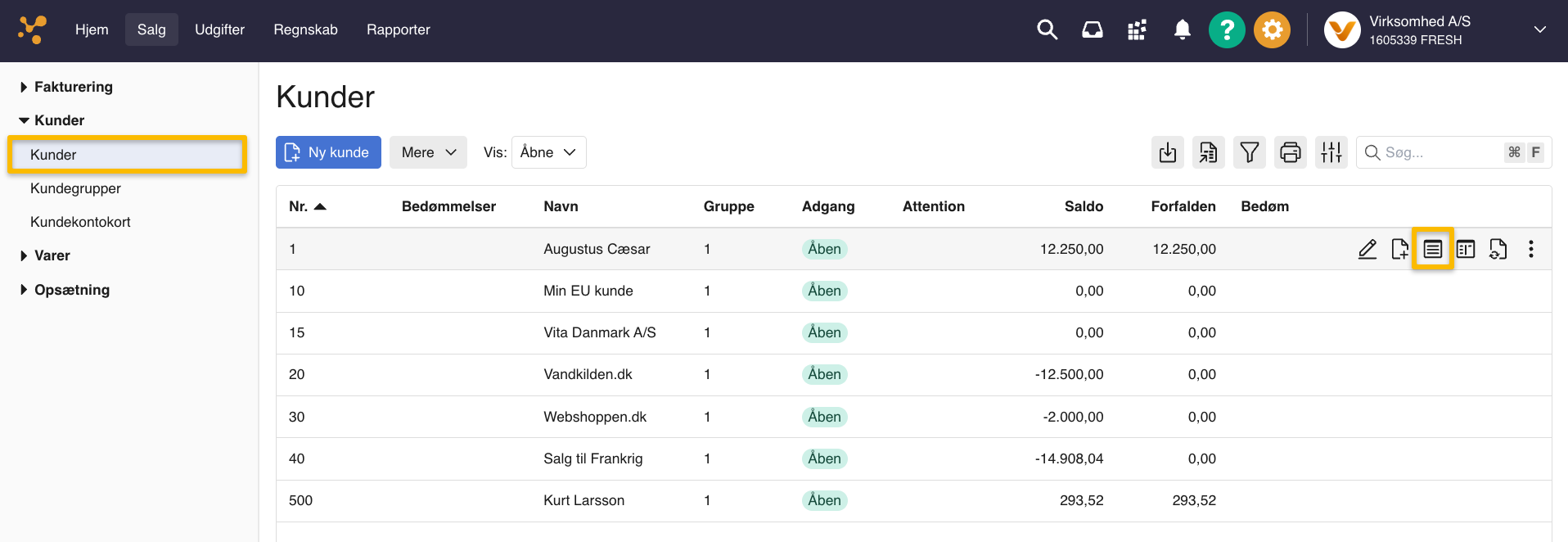 Viser Posteringer på konto-ikonet i kundeoversigten – bruges til at få vist posteringer for en specifik kunde.