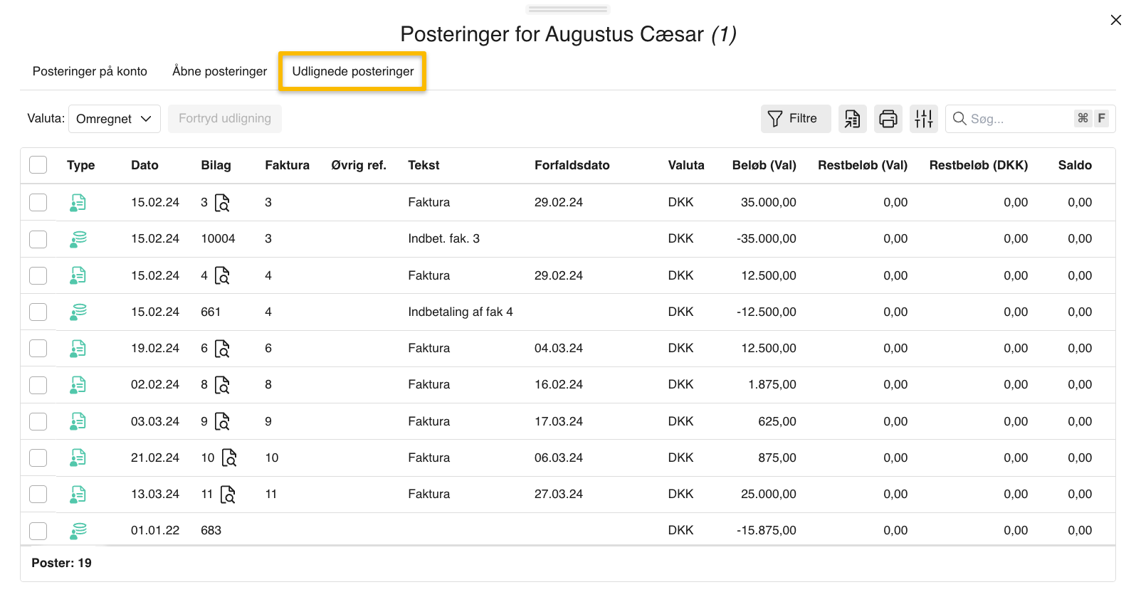 Viser fanen 'Udlignede posteringer' på et kundekort – bruges til at få et overblik over alle udlignede posteringer for kunden.