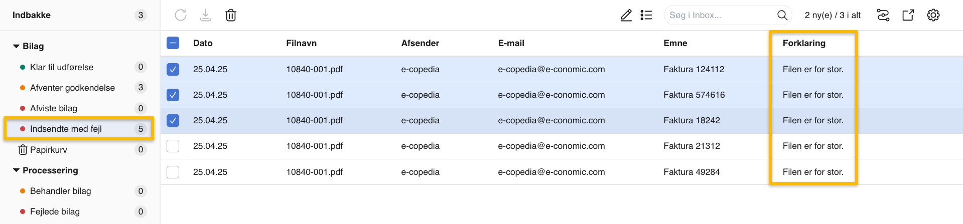 Viser kolonnen 'Forklaring' i mappen 'Indsendte med fejl' i Indbakke – bruges til at se årsagen til, at et bilag ikke kan indlæses.