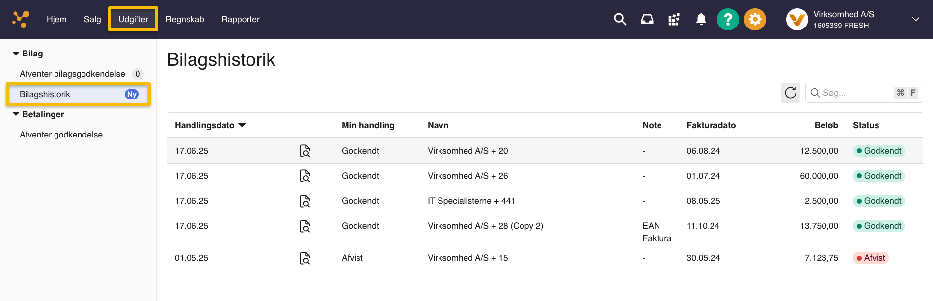 Viser Bilagshistorik-siden i Udgifter-modulet – bruges til at se en liste over godkendte og afviste bilag.