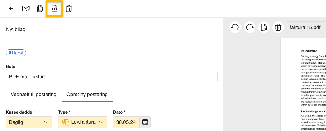 Viser ikonet 'Opdel bilag' i bilagsvisningen – bruges til at opdele et bilag med flere sider i flere separate bilag.