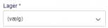 Viser dropdown-feltet 'Lager' i Salg-modulet – bruges til at vælge, hvilket lager varerne skal tages fra.