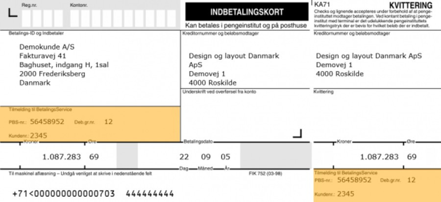 Viser placeringen af PBS- og kundeoplysninger på et indbetalingskort i fakturaskabelonen – bruges til at visualisere det færdige layout, når elementerne er tilføjet.