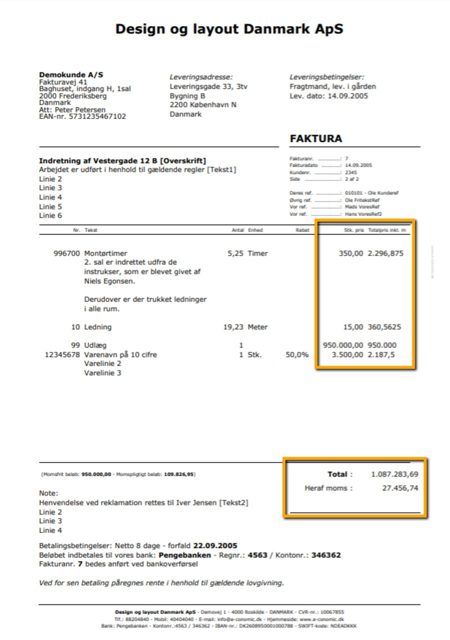 Viser en faktura med en kolonne for bruttopriser i fakturalayoutet – bruges til at vise, hvordan priser inklusiv moms fremgår af den færdige faktura.