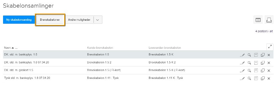 Viser fanen 'Brevskabeloner' i Skabelonsamlinger – bruges til at få adgang til sine brevskabeloner.