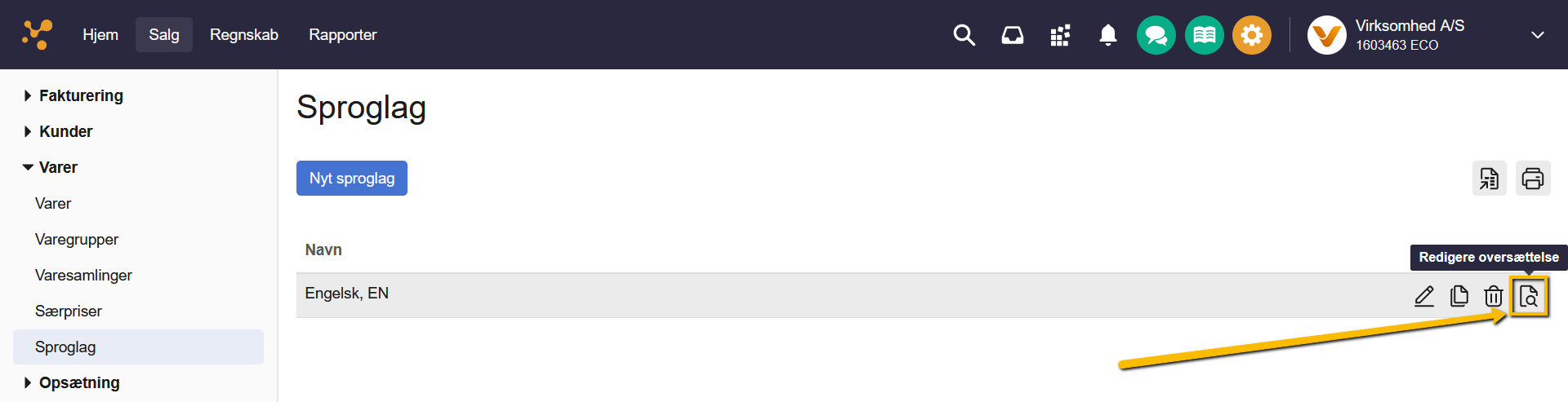 Viser luppen "Rediger oversættelse" i Sproglag – bruges til at redigere oversættelser af varer for det valgte sproglag.