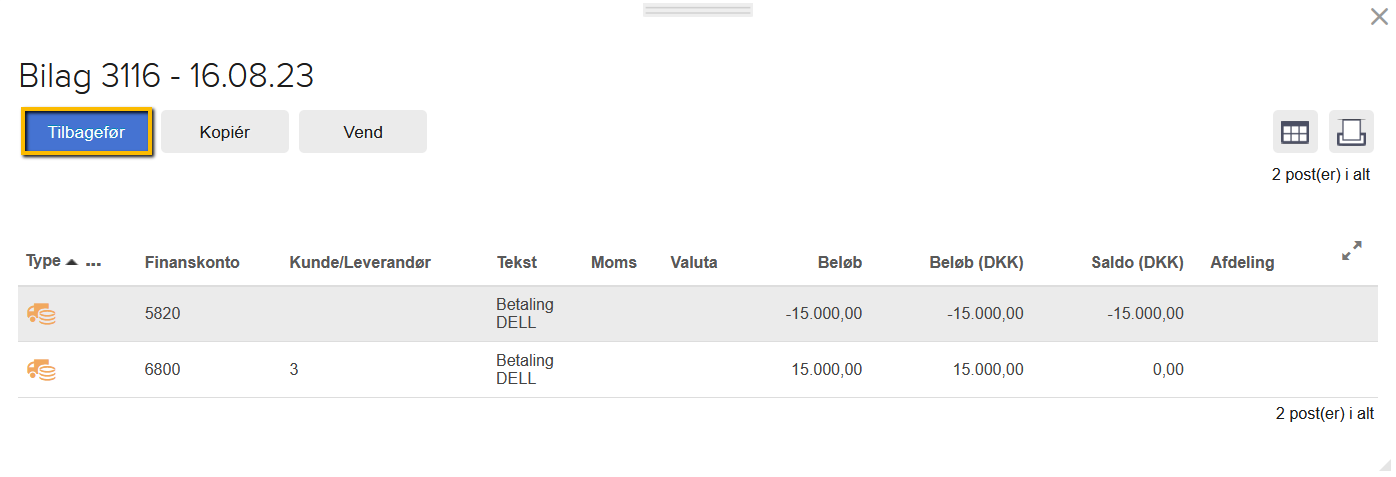 Viser Tilbagefør-knappen i transaktionsvisningen for et bilag – bruges til at tilbageføre en leverandørbetaling.