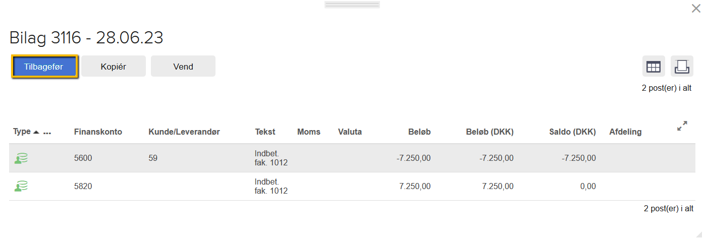 Viser "Tilbagefør"-knappen i visning af bilagstransaktioner – bruges til at tilbageføre en bogført kundeindbetaling.